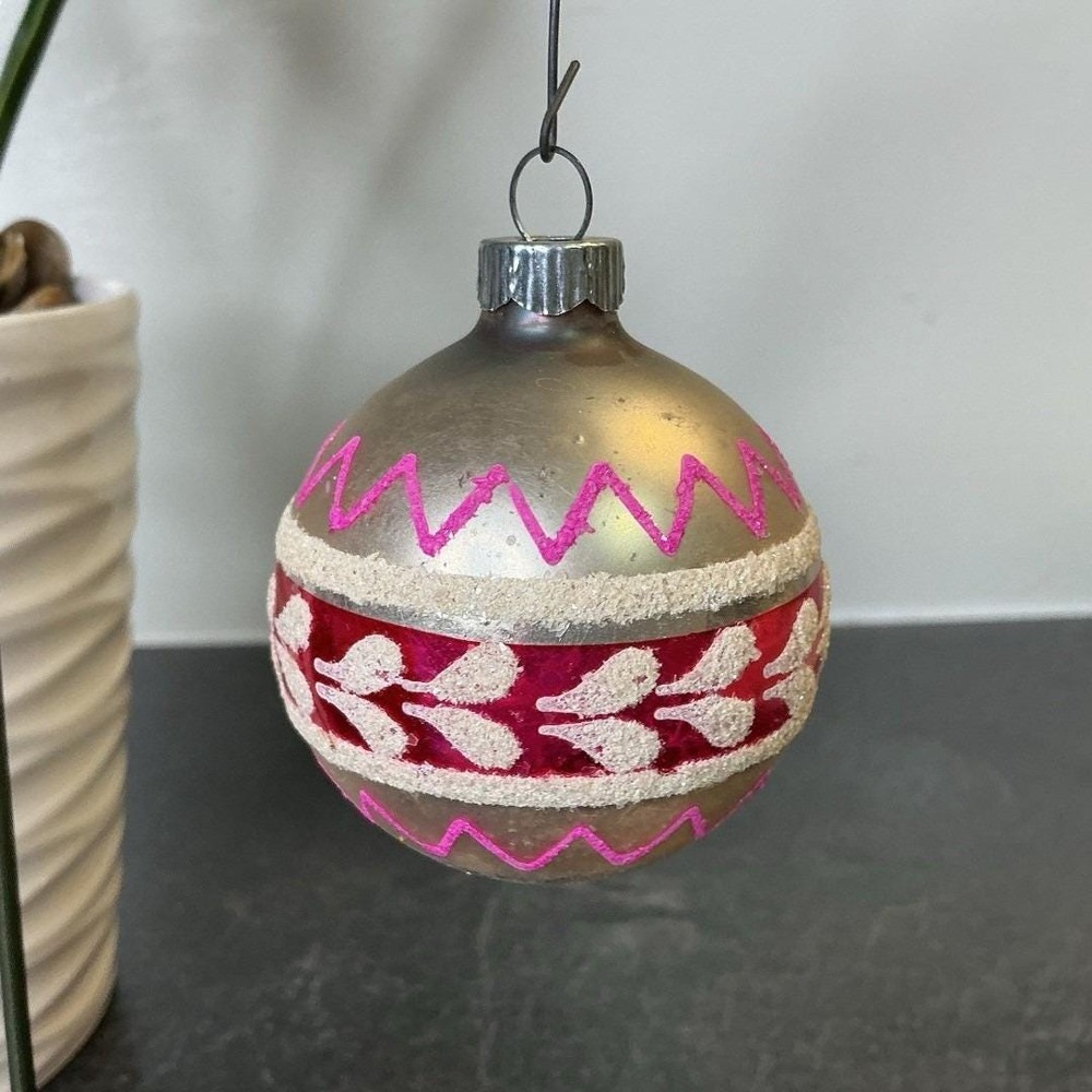 Shiny Brite Silver Red Pink White Mica 2" Round Ball Glass Christmas Ornament